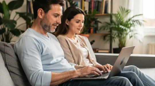 Couple trentenaire consultant une simulation de crédit immobilier sur ordinateur portable dans leur salon