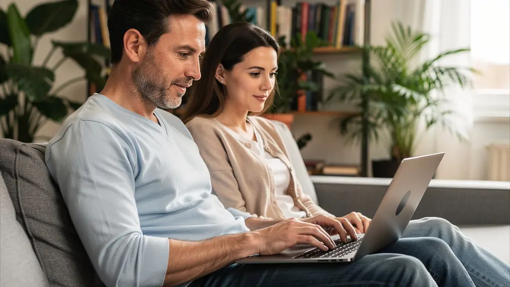 Couple trentenaire consultant une simulation de crédit immobilier sur ordinateur portable dans leur salon
