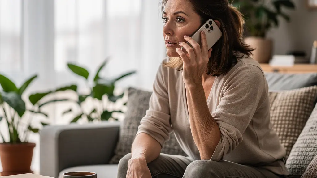 Femme en conversation téléphonique avec un expert crédit immobilier dans son salon